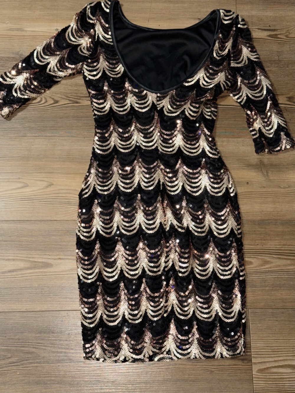 Crystal Doll Black and Gold Sequin Backless Scoop-Back Bodycon Dress